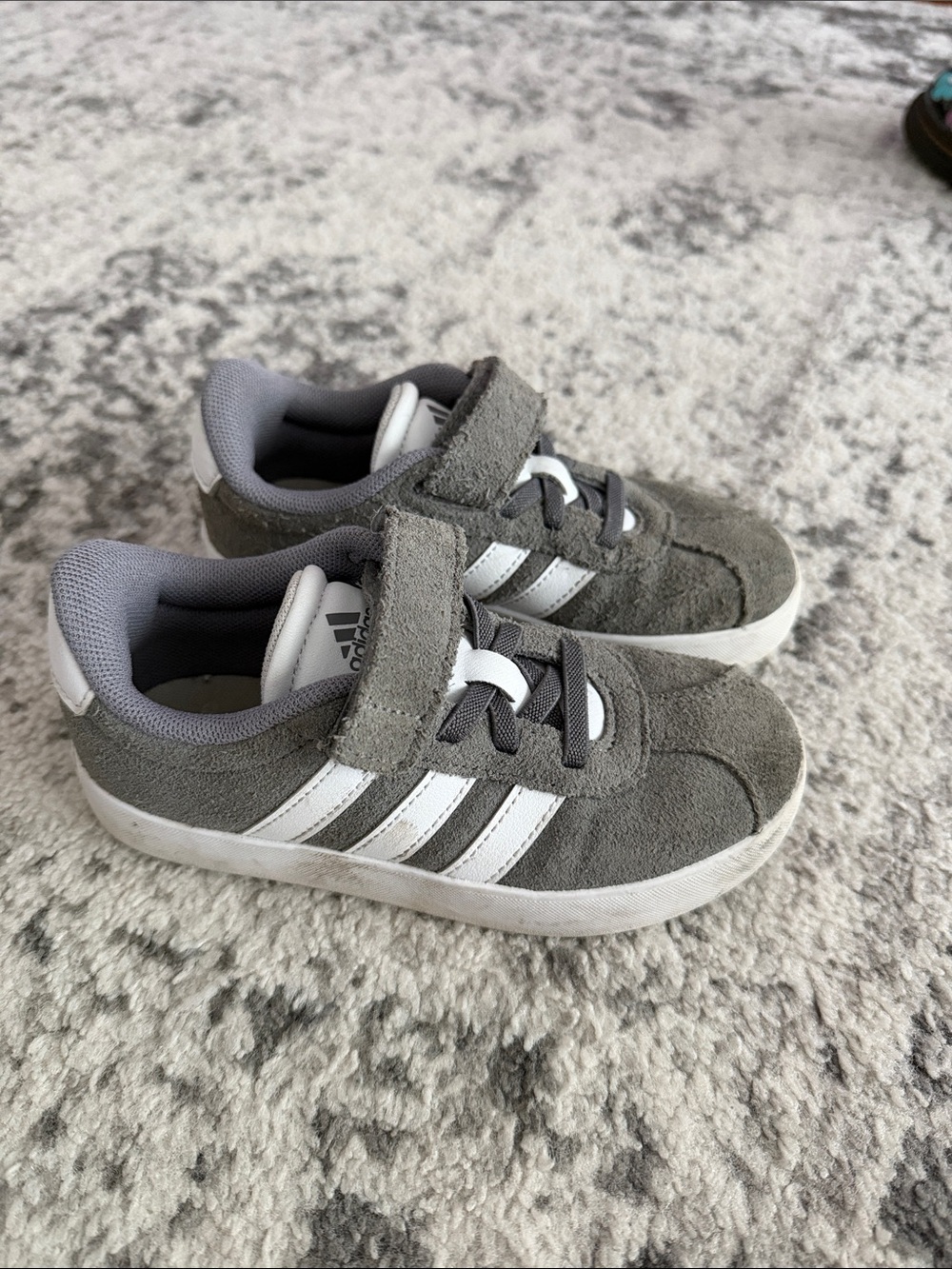 adidas Kids Gray Suede Sneakers with White Stripes